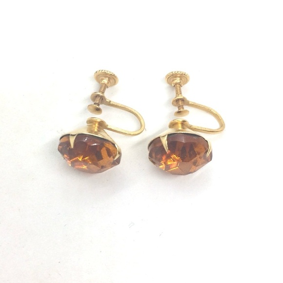 3/$30 VINTAGE AMBER COLOR GLASS SCREWBACK EARRINGS GOLD TONE CLIP RHINESTONE - Picture 11 of 16